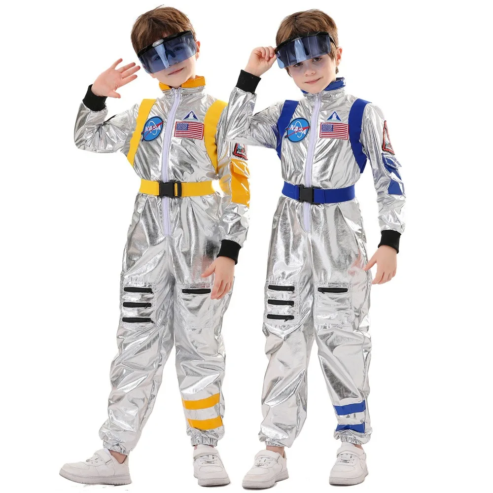 Children Unisex Silver Spaceman Jumpsuit Flight Astronaut Bodysuit Cosplay Stage Costume Holiday Party Dress Up Gift Space Suit