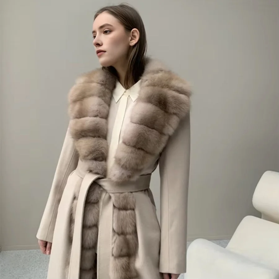 Winter New Cashmere Wool Coat Natural Fox Fur Warm Winter Jackets Fur Coat Women Luxury Real Fur Collar