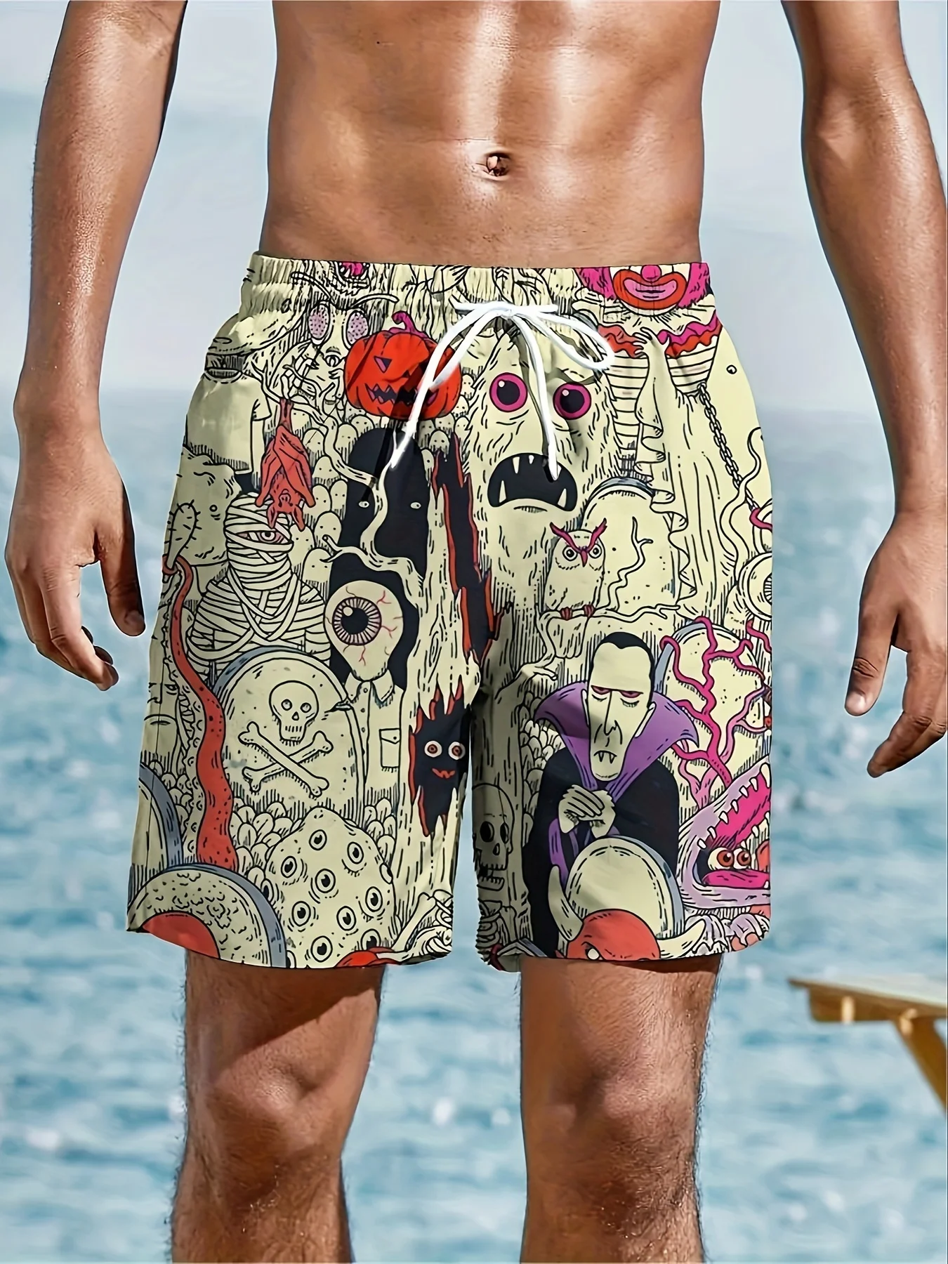

Trendy Casual Beach Swimming Trunks Ghost Monster Vampire Patterns Print Shorts Athletic Breathable Outdoor Training Shorts Moto