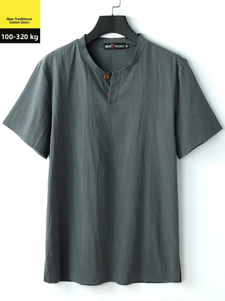 تي شيرت رجالي جديد بنمط صيني من القطن والكتان برقبة على شكل V وأكمام قصيرة، مقاسات كبيرة، مناسب لممارسة التاي تشي، أزياء شارع... #3