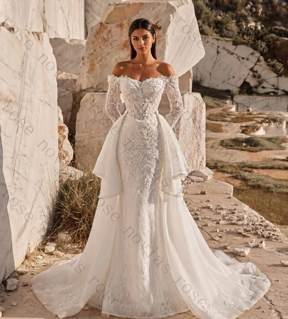 Customized Detachable Train Off Shoulder Lace Mermaid Wedding Dress Full Sleeve Elegant Slim Fit Beach Ceremony Vestido De Noiva