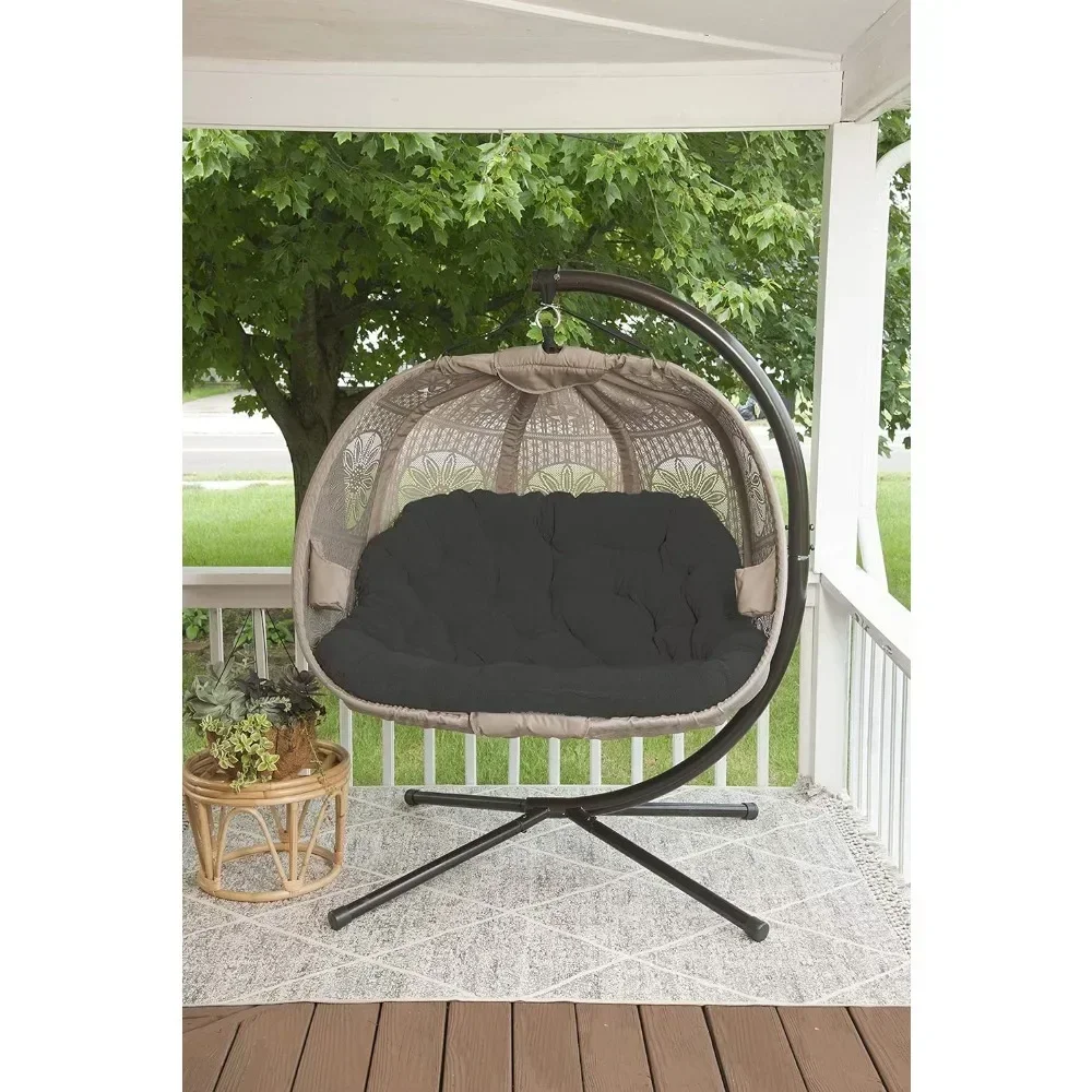 Two person sofa, outdoor furniture, black/sand covered outdoor garden swing