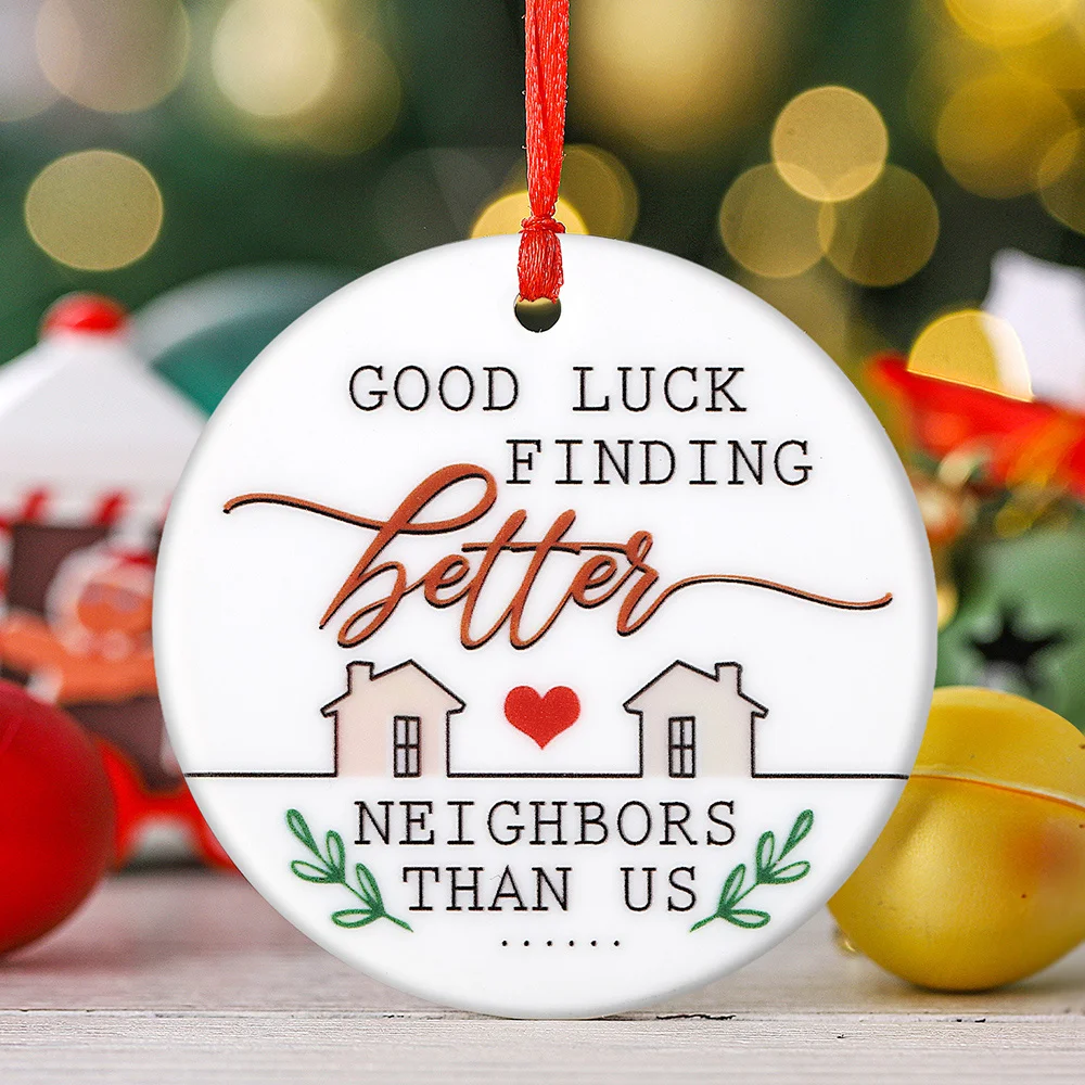 1Pc, I Wish You Lived Next Door, Round Ceramic Home Decor, Christmas Tree Pendant, Window Fireplace Garden Hanging Decor,
