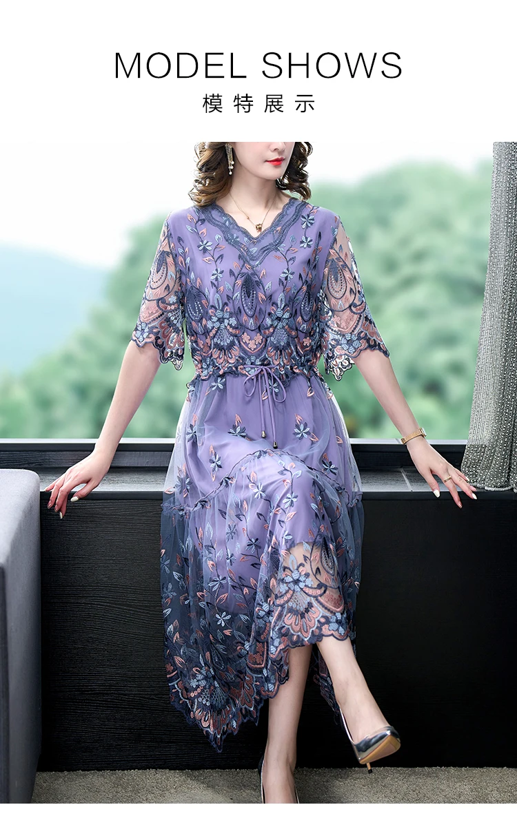 Summer Embroidery Natural Silk Mesh Floral Sexy Midi Dress 2023 Spring Korea Fashion Beach Dress Women Luxury Elegant Party Robe