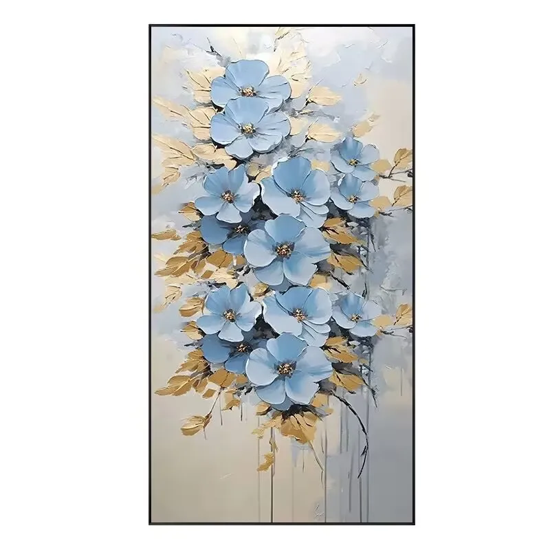 

Blue Abstract Floral Gold Foil Decorative Painting for Corridor, Textured Hanging Painting, Light Luxury Hand Drawn Oil Painting