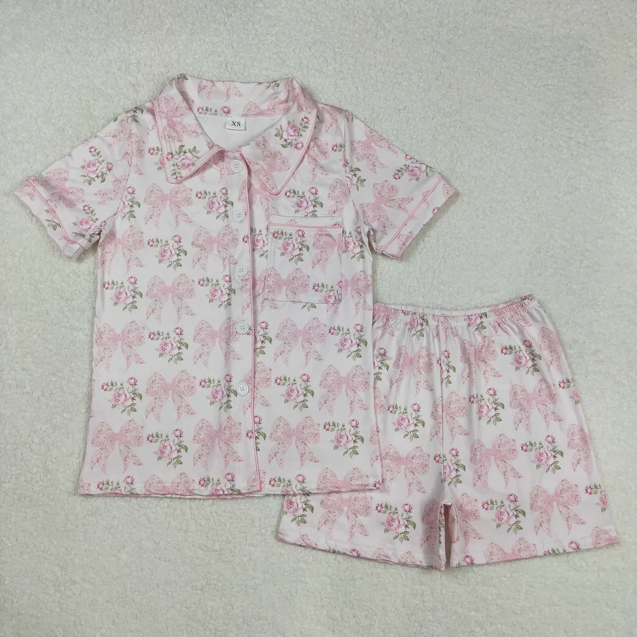 Wholesale Adult Pajamas Clothes Short Sleeves Button Down Pocket Women Sleepwear Shirt Woman Girl Flower Bows Shorts Set Outfit