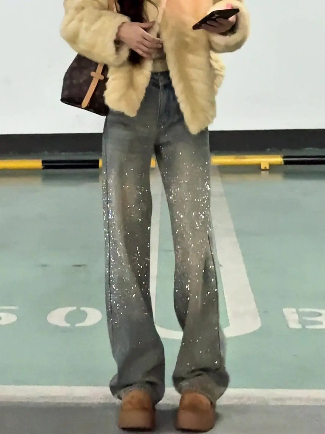 

Korean Style Heavy Duty Sequin Denim Jeans Women's Autumn Winter New High Waist Fleece Lined Wide Leg Pants Vintage Feel