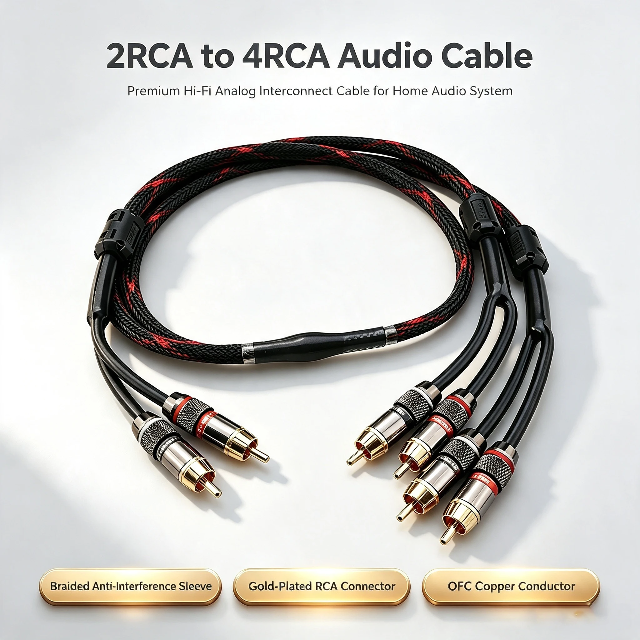HIFI RCA Plug Splitter Stereo Audio Cable RCA 2 Male to 4 Male Dual Speaker Y Adapter Connector Extension Cord 1 Input 2 Output