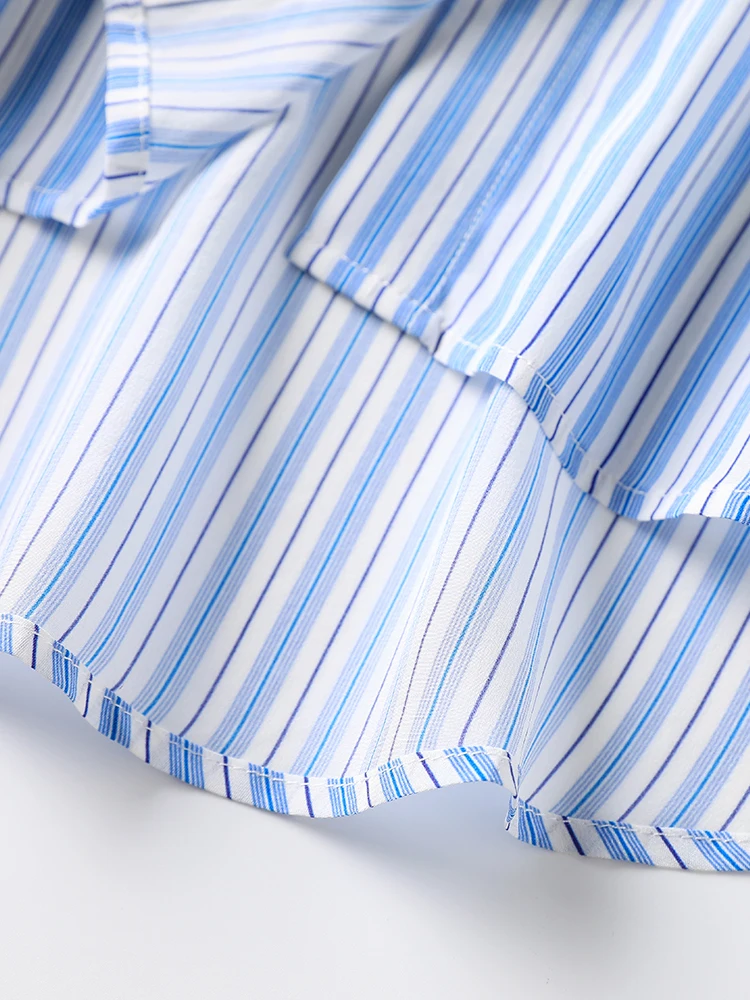 SuyaDream Woman Striped Shirts 100%Pure Silk Long Sleeved Ruffles Blouses 2022 Spring Autumn Chic Clothes Blue