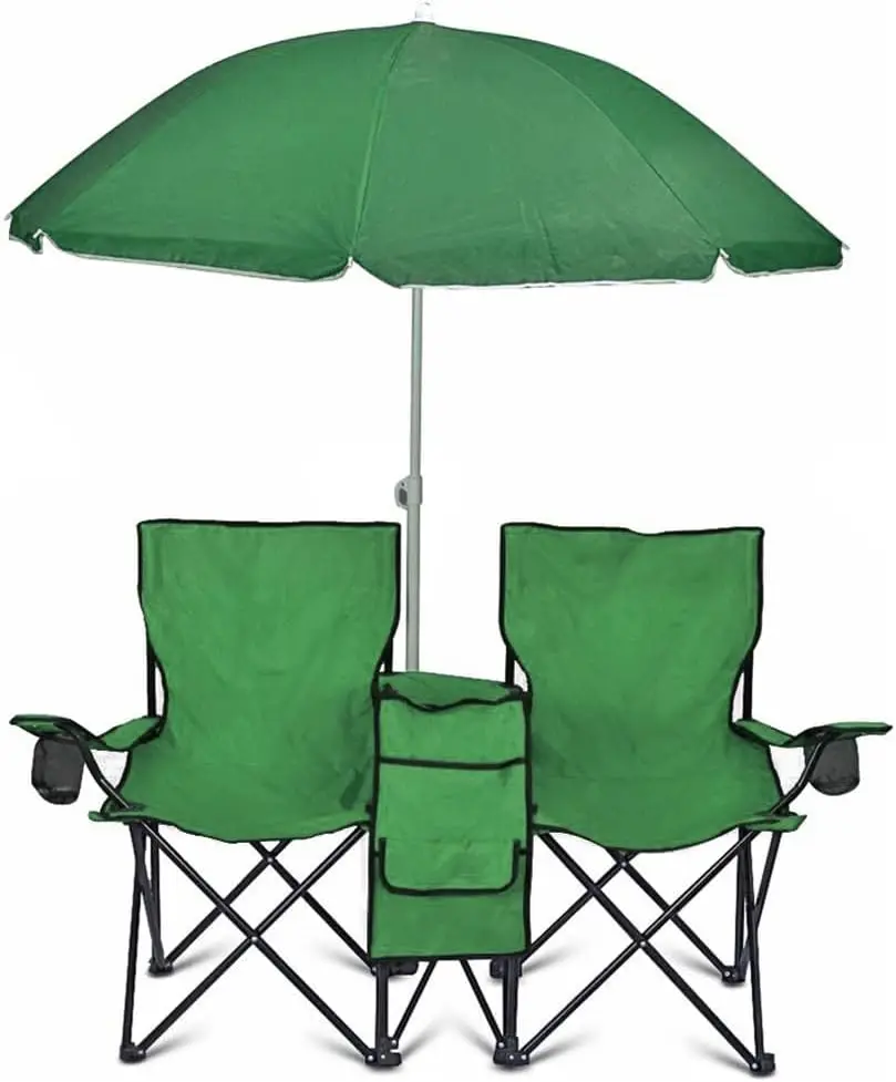 

Portable 2-Seat Folding Camp Chair with Cooler, Umbrella & Cup Holders – Outdoor Picnic, Beach, or Tailgate Seating
