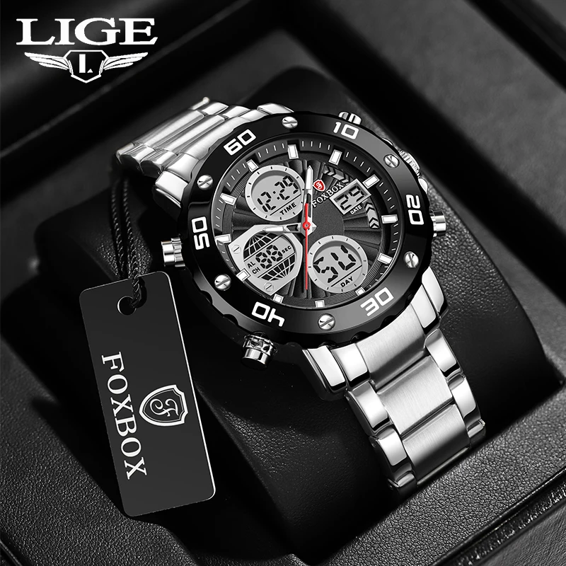 

LIGE 2024 New Watch Men Top Brand Luxury Stainless Steel Quartz Men’s Watches Blue Waterproof Sports Big Wrist Watch Male Clock