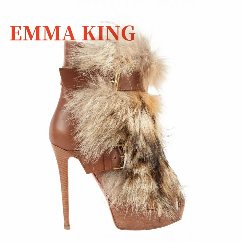 البني فو الفراء حذاء من الجلد رقيقة عالية الكعب أشار تو أفخم فستان دافئ الأحذية حزام سلسلة معدنية ديكور أحذية بوت قصيرة حجم كبير 44 #3