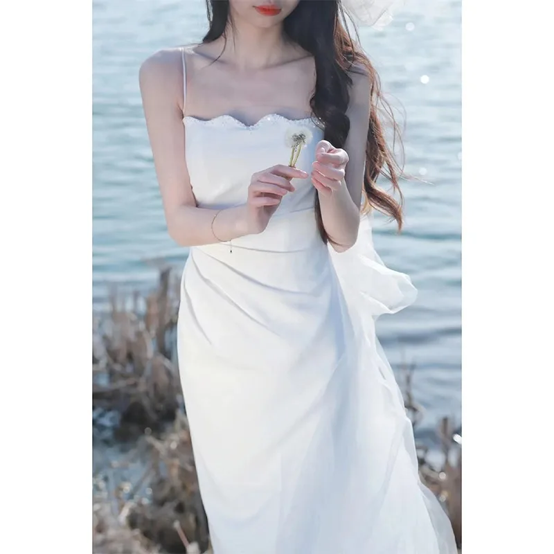 

Satin White Wedding Dress 2025 New Sexy Sling Sleeveless Waist Fishtail Skirt Small Tail Formal Women Elegant Party Dresses