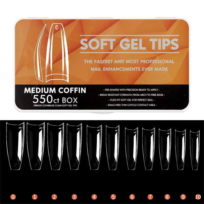 Gel Nail Kit Soft Gel Nail Tips 550Pcs Medium Coffin Pre Shaped Clear Full Cover False Nails Easy Nail Extensions Acrylic Fake