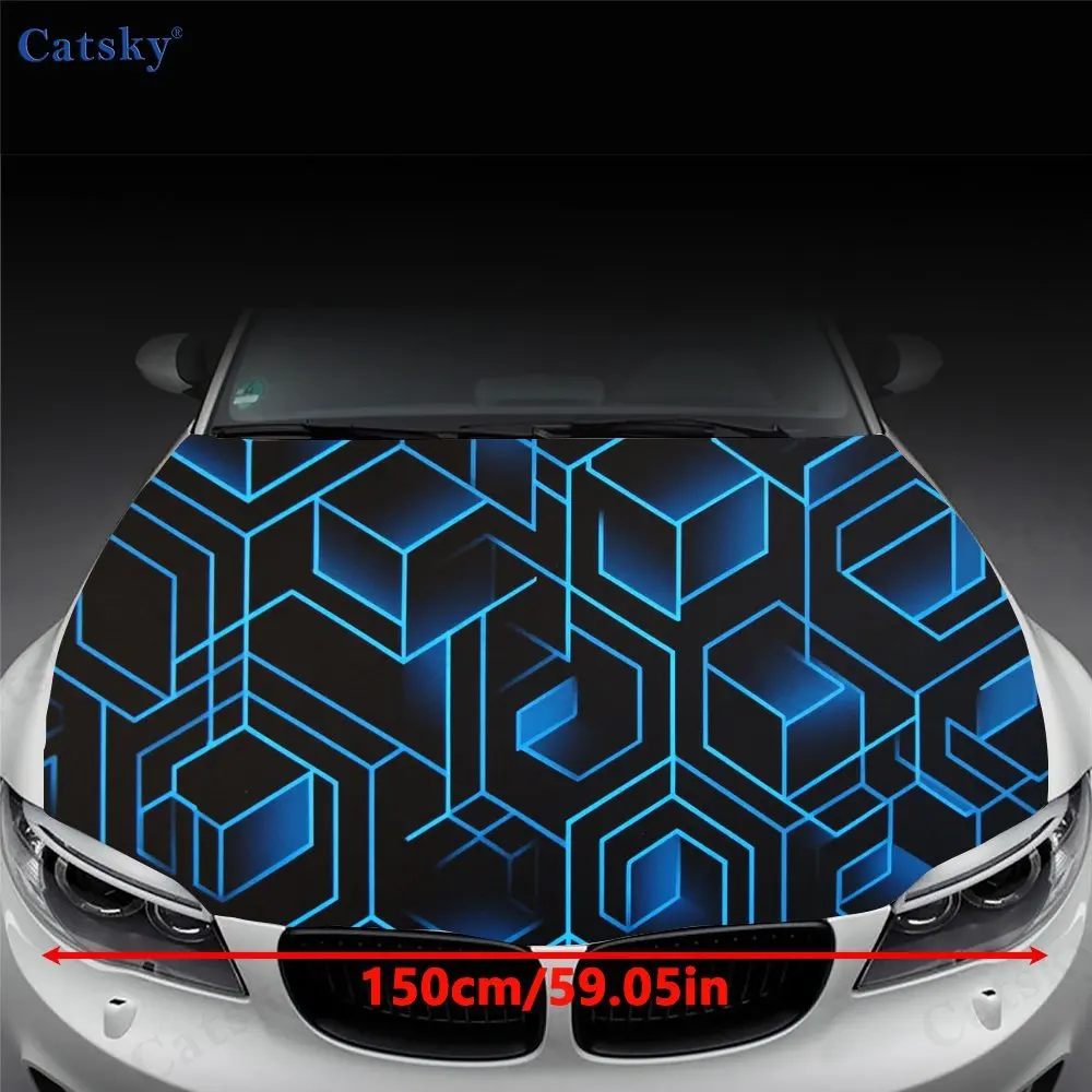 Shiny Blue Geometry Car Vinyl Wrap, PVC Waterproof Car Hood Sticker, Self-Adhesive Scratch-Resistant Stickers for Engine Cover,