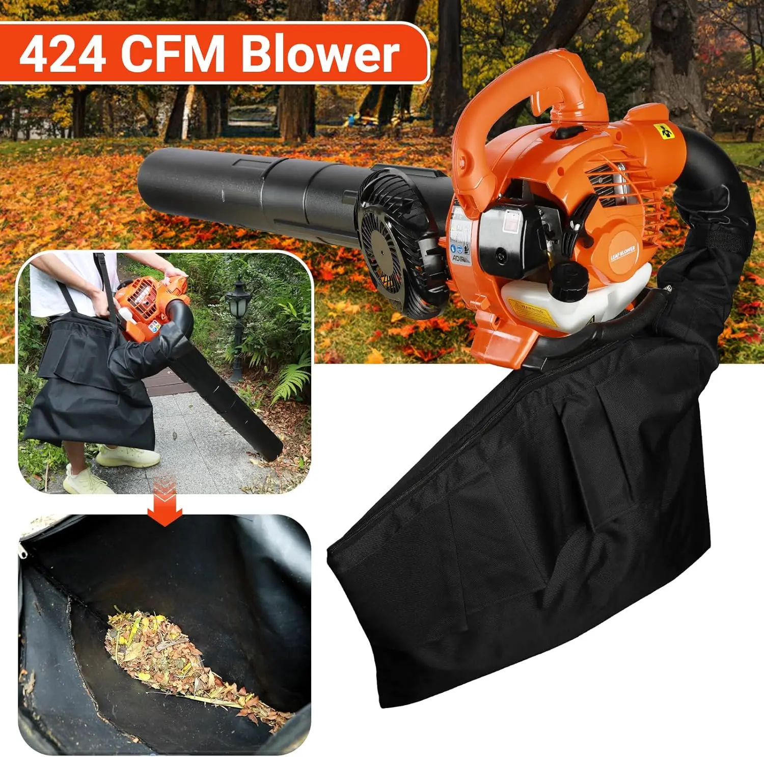 Cordless with Bag,2 in 1 Leaf Vacuum and Mulcher,Gas Powered Cordless Leaf Blower,26 CC 2 Stroke Handheld Petrol Lea