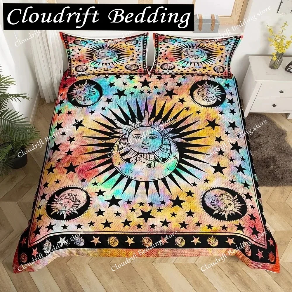 Sun Duvet Cover Colorful Mushrooms Bedding Burning Sun Comforter Cover Halloween Skull Hippie Style Bedding Bedroom Decoration