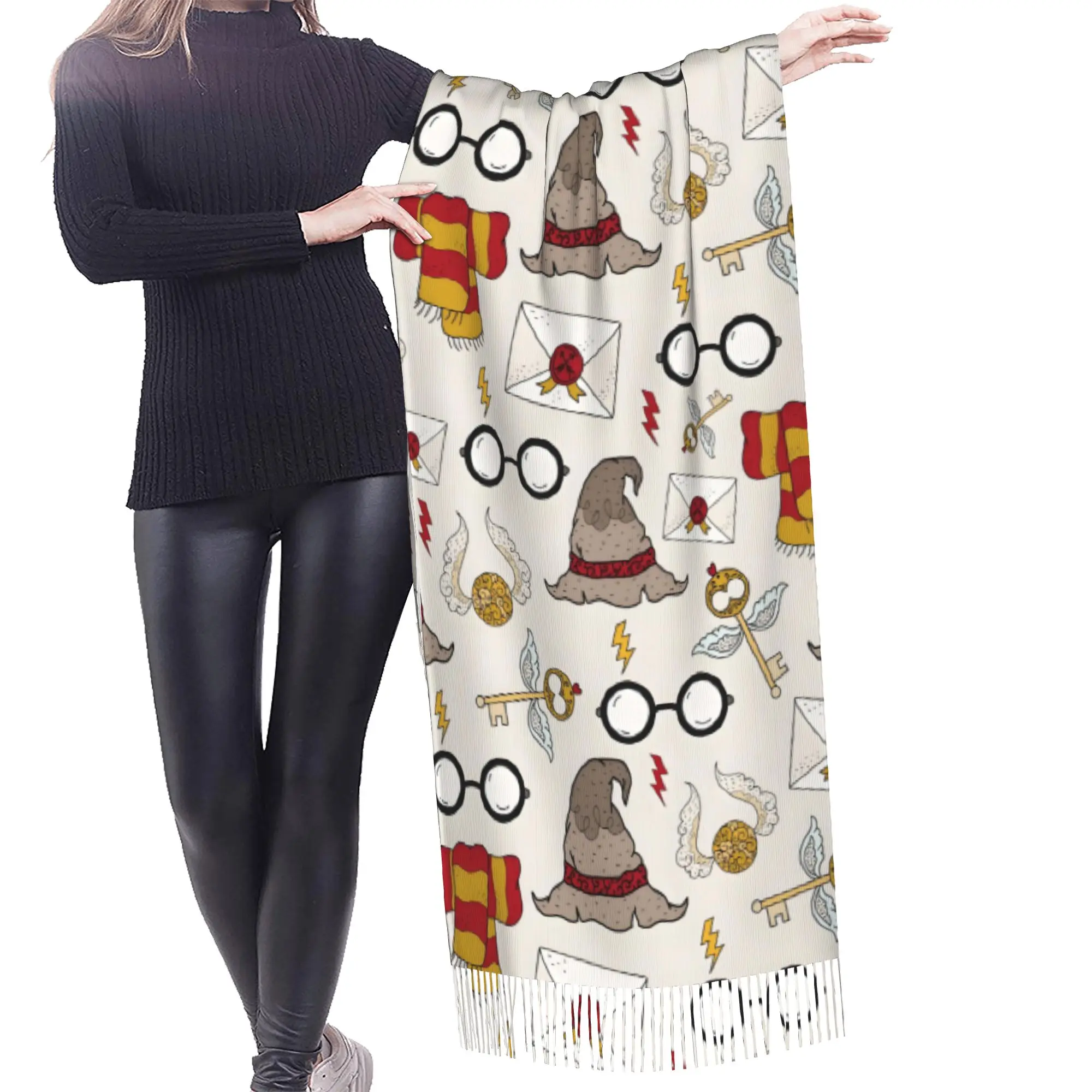 Custom Halloween H-Harryed Scarf Wrap Women Long Winter Fall Warm Tassel Shawl Unisex Magic School Spooky Scarves