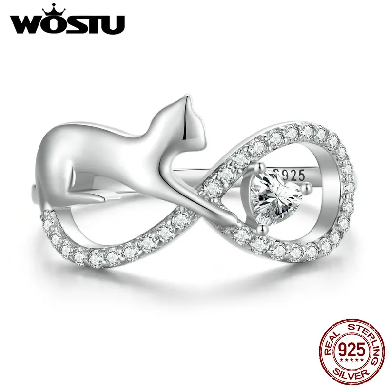 WOSTU Real 925 Sterling Silver Cat & Infinite Symbol Band Rings per le donne Clear AAA zircone Animal Pet Ring regalo di gioielli di compleanno