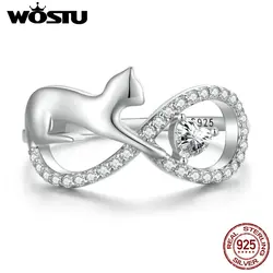 WOSTU Real 925 Sterling Silver Cat & Infinite Symbol Band Rings per le donne Clear AAA zircone Animal Pet Ring regalo di gioielli di compleanno