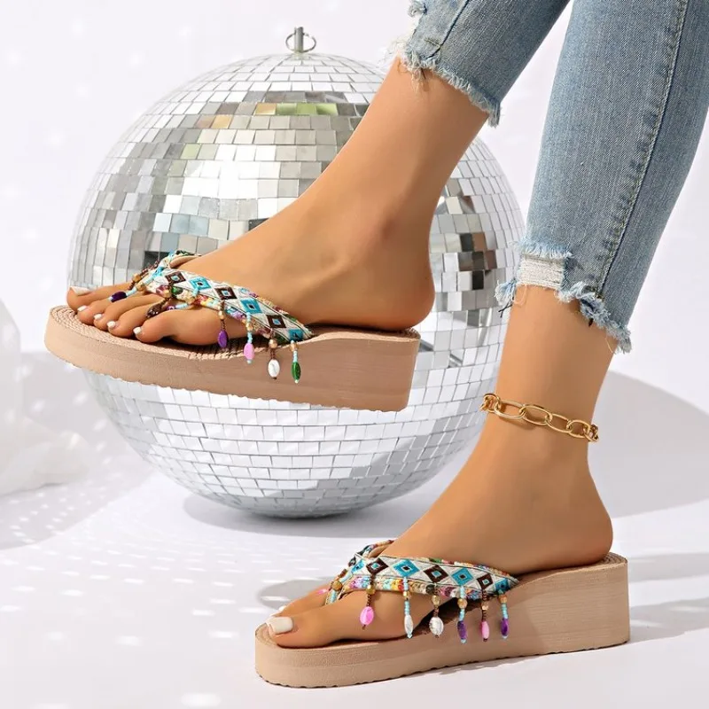 

Tassel Wedge Flip Flops for Women Summer 2026 Lightweight Clip Toe Beach Sandals Woman Thick Sole Non Slip Slippers