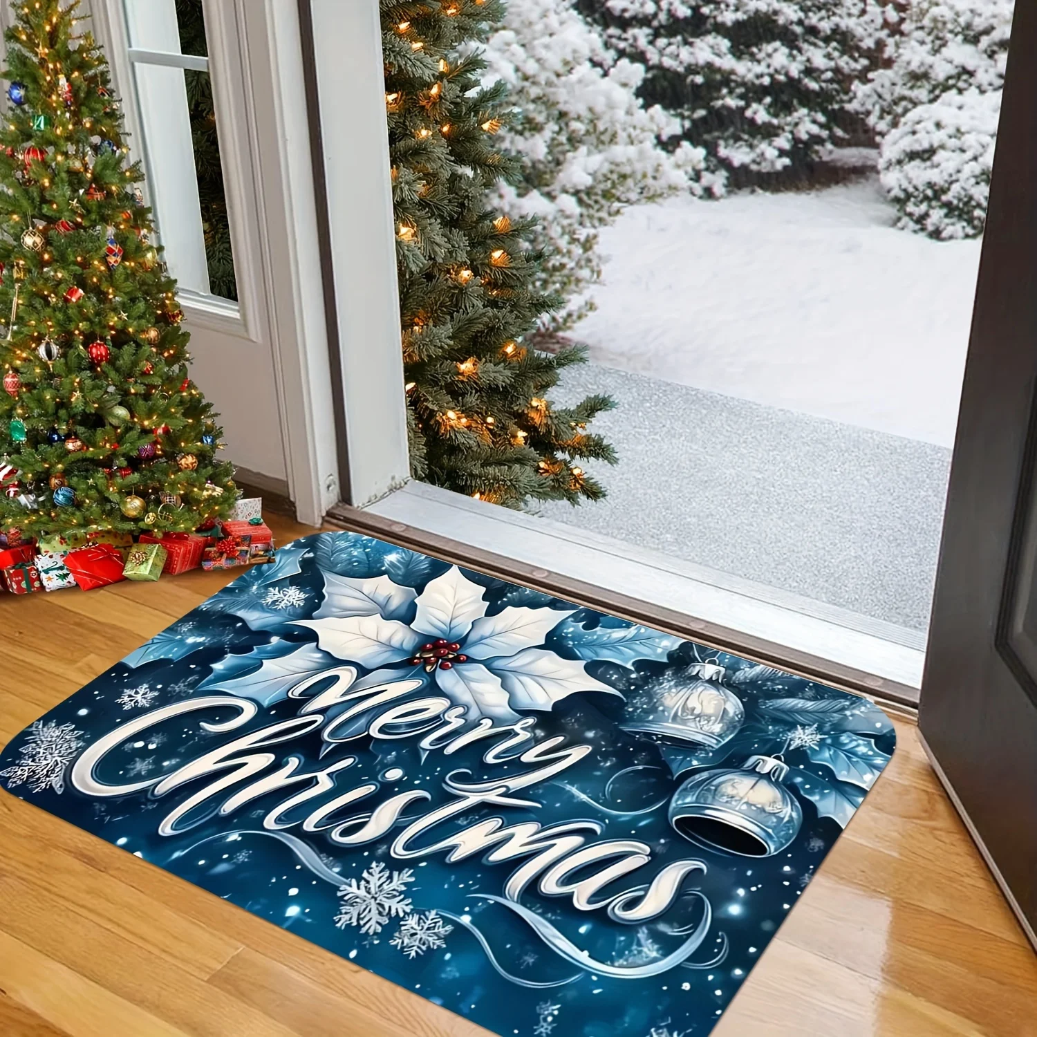 Christmas themed design blue bells and snowflakes bathroom non-silp doormat suitable for livingroom  decoration accessories pads