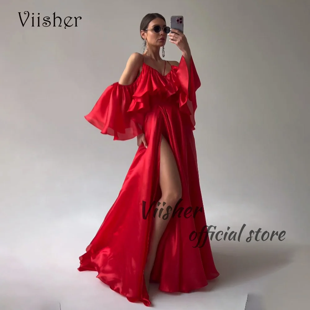 Viisher-Robe de Soirée InjSatin Rouge, avec Fente, Col en V, Longueur au Sol, pour Bal