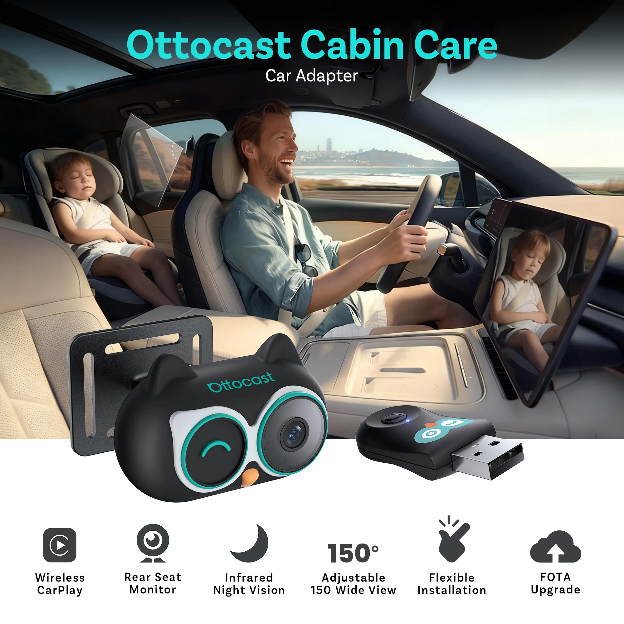 

Автомобильная зеркальная камера Ottocast 1080P, беспроводной адаптер CarPlay, уход за кабиной для домашних животных, детей, iPhone, автомобильные аксессуары