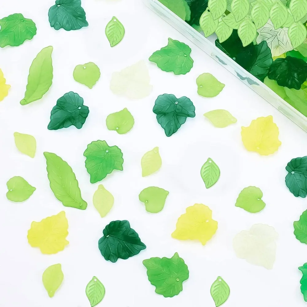 160 Pcs 8 Styles Acrylic Leaves Green Acrylic Leaf Charms Frosted Leaves Beads Maple Leaf Pendants for Earring Necklace kit