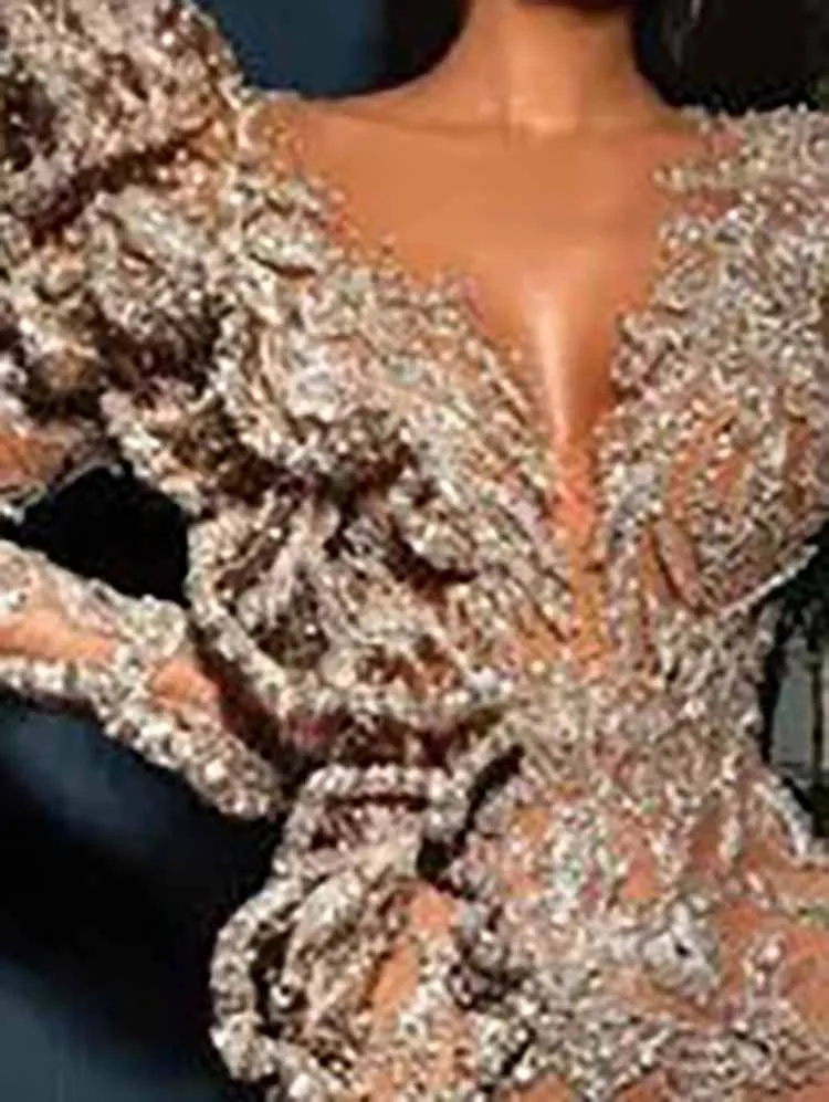 Luxury High Split See-through Sleeve Banquet Dress Elegant Slim Evening Dress Sexy V-neck Sequin Sprinkled With Gold Prom Gown