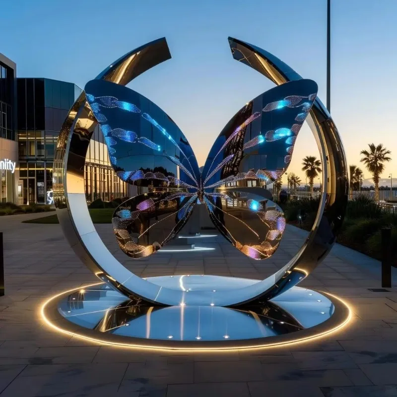Custom Polished Stainless Steel LED Luminous Butterfly Sculpture Indoor Outdoor Decoration Ornament For Courtyard Park Landscape