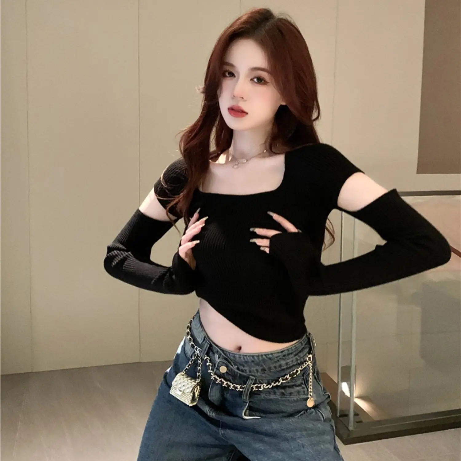 Broken Sleeve Design Niche Top Women's Inner Layer Knitted Base Sweet and Cool Short Sweater Ins Trend