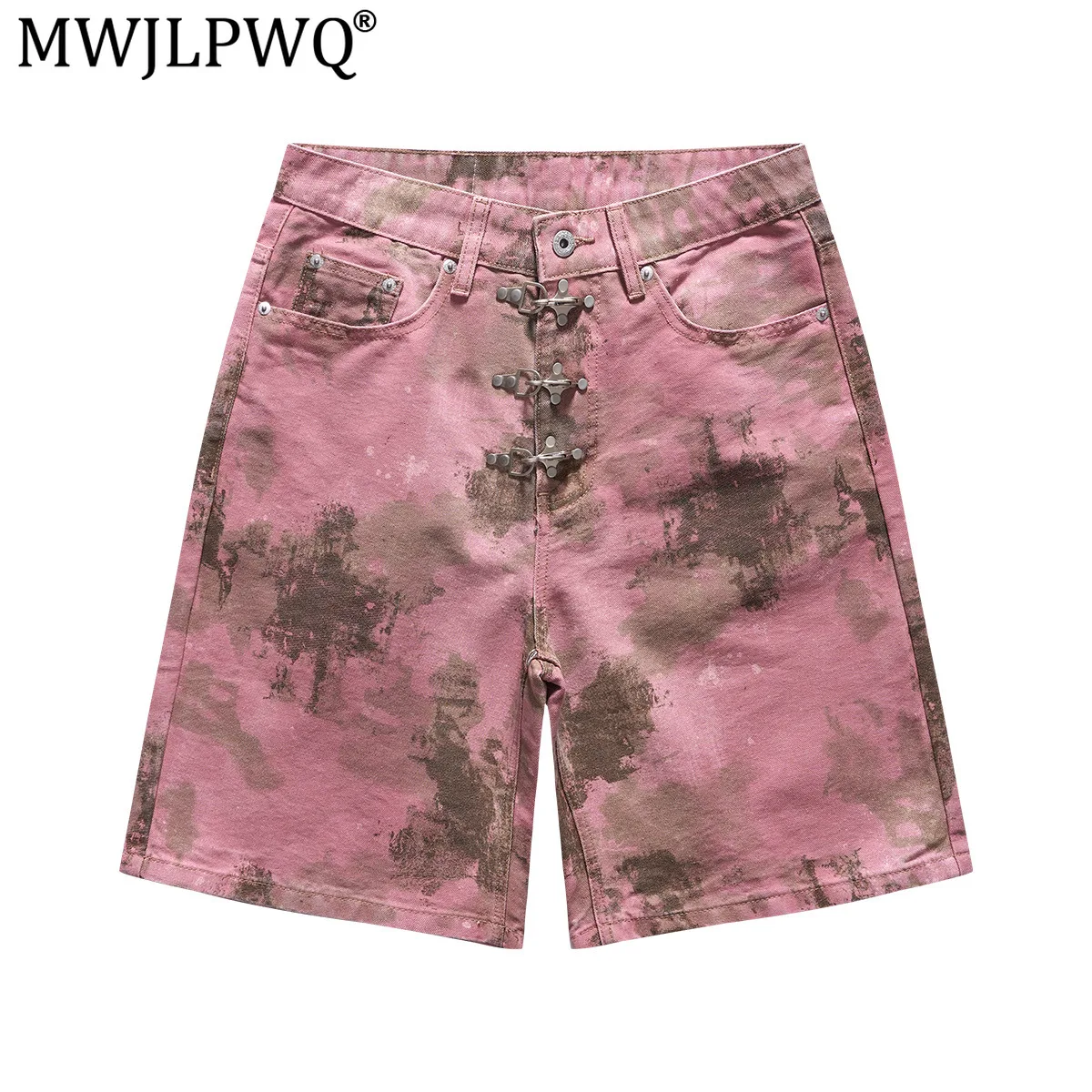 MWJLPWQ American Retro Pink Brown Camouflage Print Trousers Men Metallic Buckle Loose-Fit Straight Cropped Pants Unisex 21472
