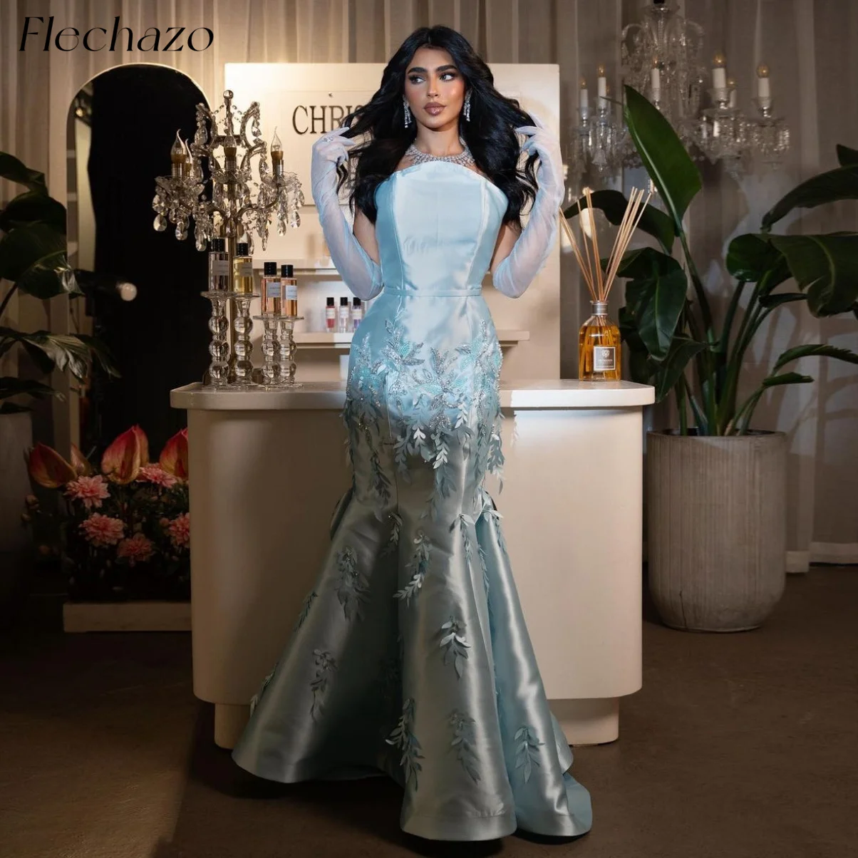 Flechazo Sky Blue Satin Prom Dresses Strapless Applique Bead Mermaid Celebrity Elegant Party Gown For Women 2024 robes de soirée