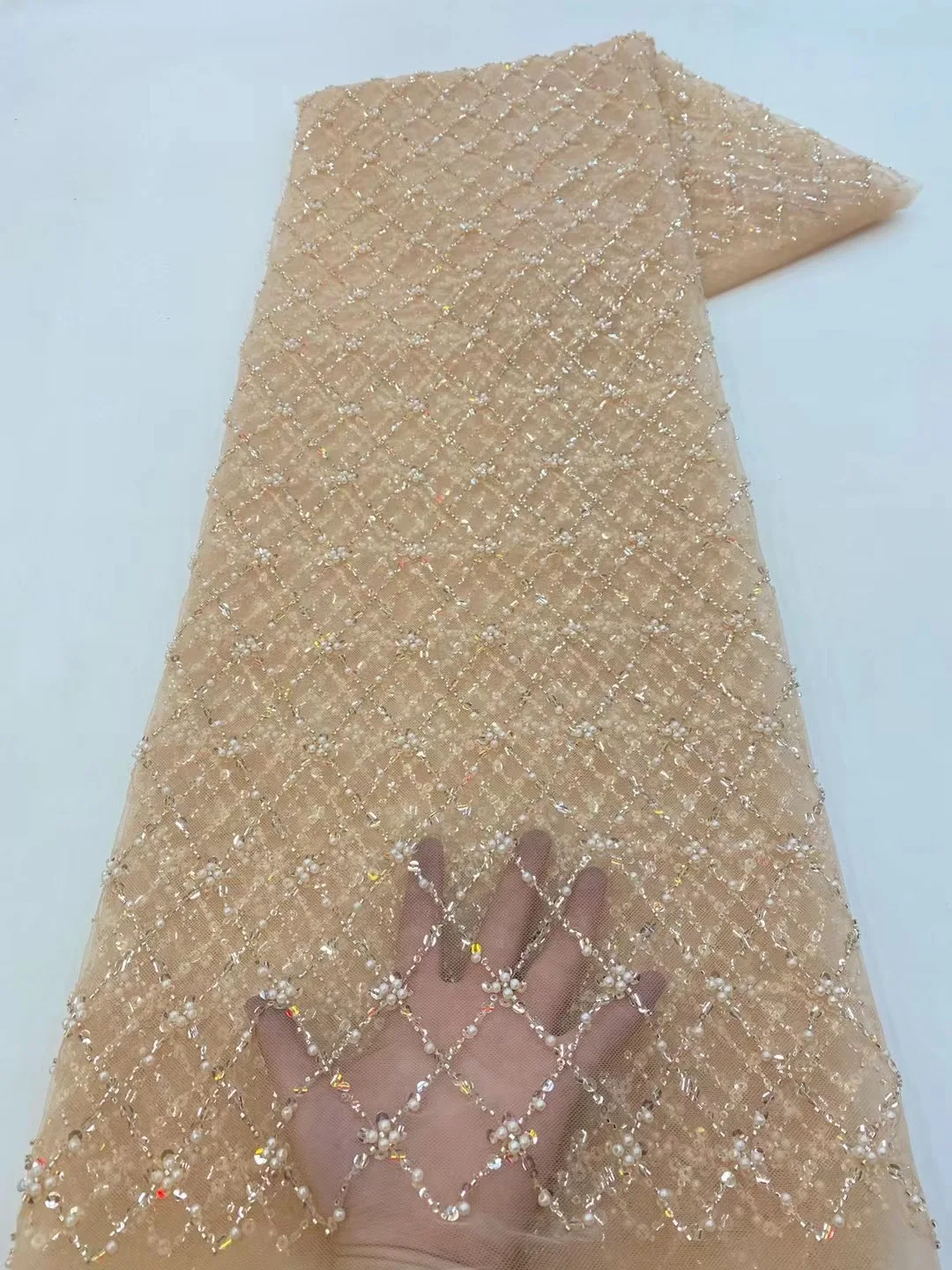 African Lace Fabric 2024 French Beaded Lace Fabric Nigerian Sequins Embroidery Net Lace Fabrics For Bridal Party Dresses