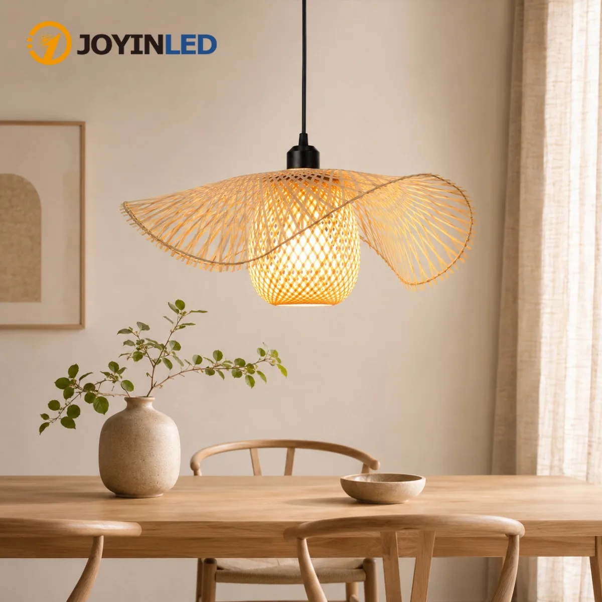 JOYINLED 45CM Bamboo Chandelier, Wabi Sabi Rattan Pendant Light, Handmade Woven Ceiling Fixture for Living Room Bedroom Decor