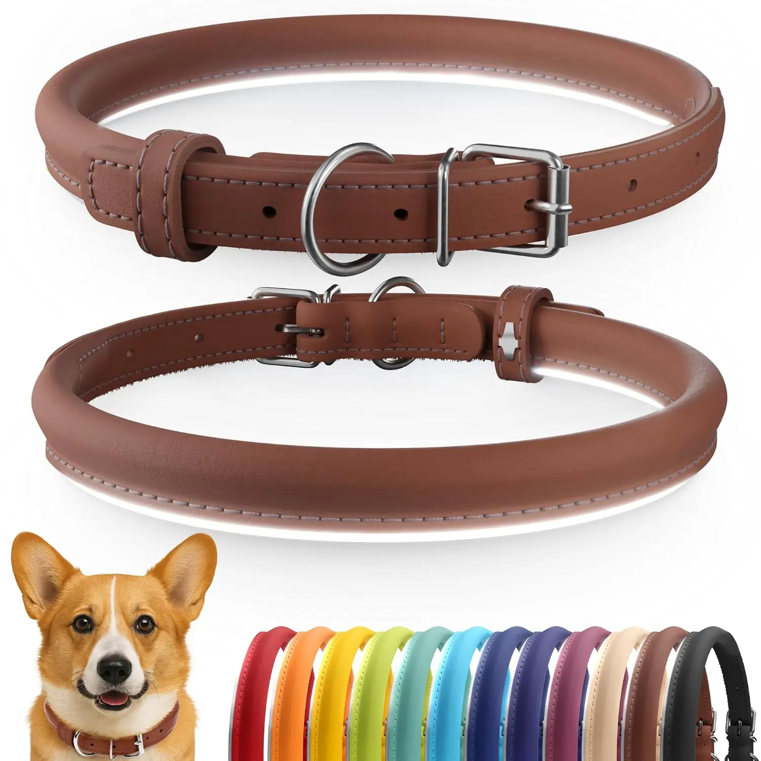 Reflective Leather Dog Collar Tangle-Free 12-15in Cinnamon, Customized