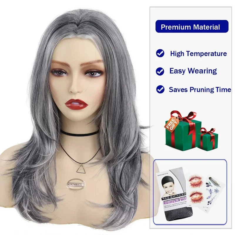 GNIMEGIL Long Curly Synthetic Wigs for Women Grey Natural Hair Wig Female Cosplay Sexy Halloween Costume Wig Gift Elder Wig