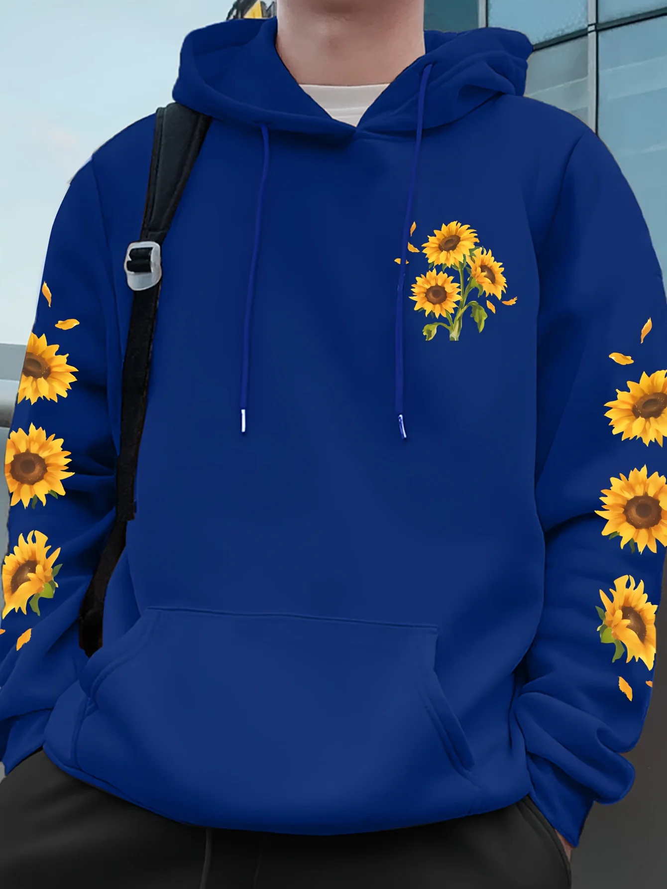 Fresh Flower Men's Hooded Sweatshirt - Left chest features sunflowers, with flower prints on both sleeves. A soothing style.