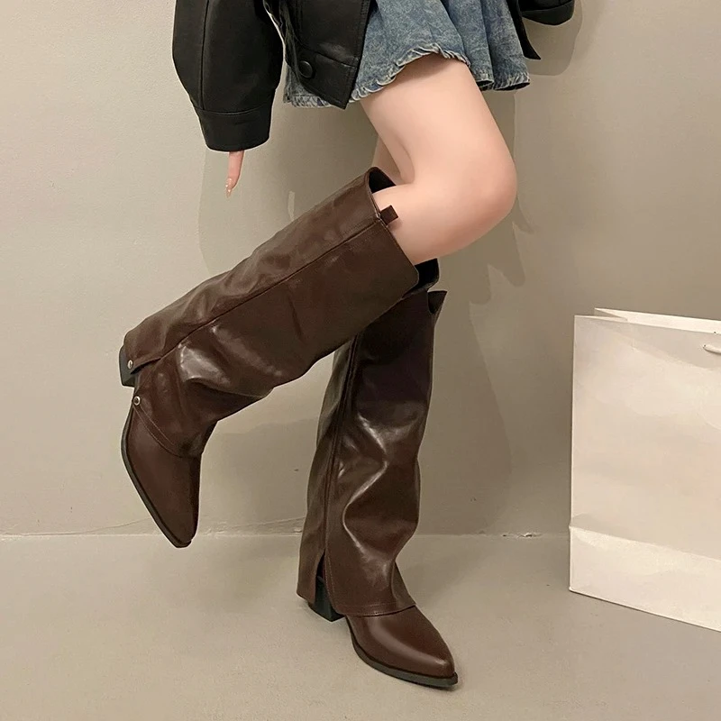 夏のウエスタンカウボーイブーツ-レディースシューズ-2025年新作-ブロックヒール-ポインテッドトゥ-ショートストレートレッグパンツ-チューブニーブーツ