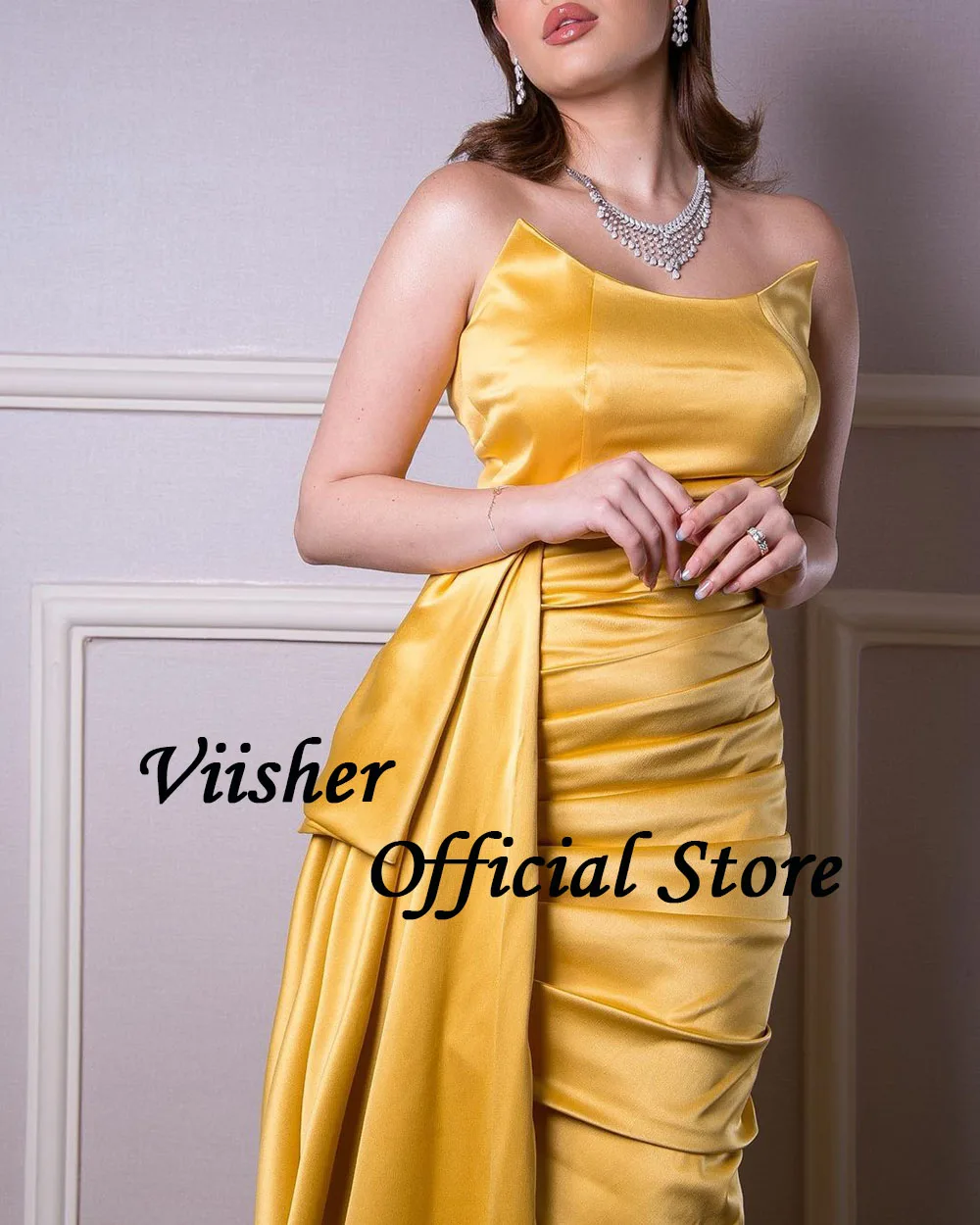 Viisher Gold Mermaid Evening Dresses Sweetheart Pleats Satin Tight Formal Prom Dress Side Slit Evening Party Gowns with Train