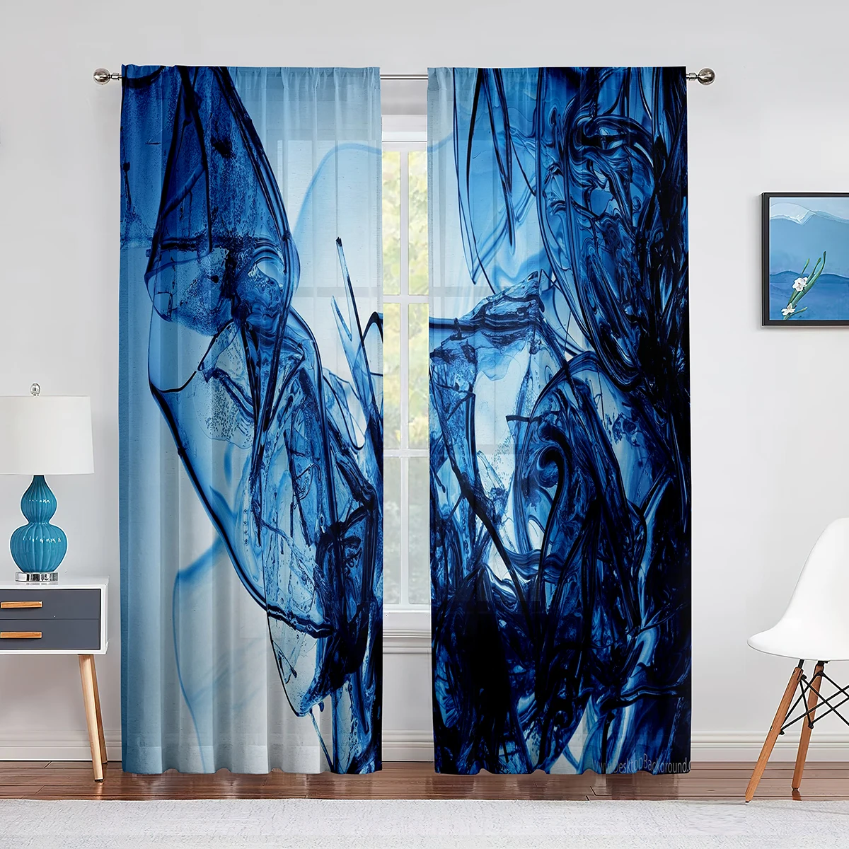 

Glass Debris Liquid Shade Blue Abstract Sheer Voile Curtain for Living Room Bedroom Kitchen Window Treatment Chiffon Curtains