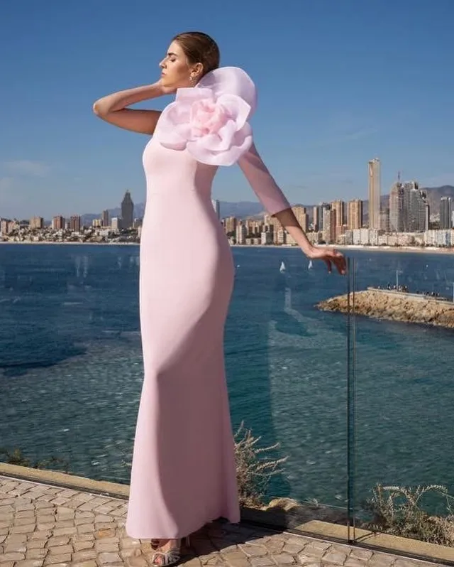 

Women Pink Prom Dresses Big Hand Flowers Long Sleeves customized Formal Evening Dresses Ankle-Length Arabia Party Gowns