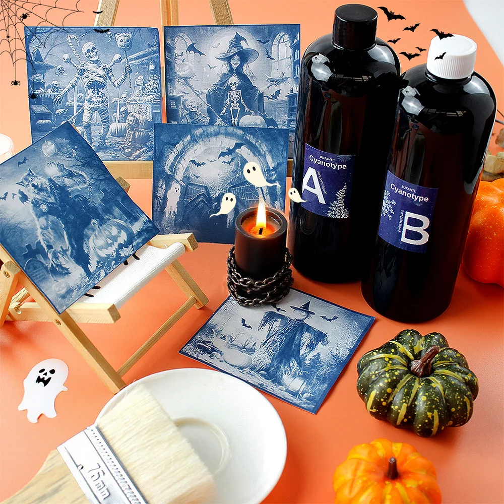 Square Halloween Sun Print Cyanotype DIY Kit Rich Film Patterns Single & Combo Handmade Set for Holiday Decoration