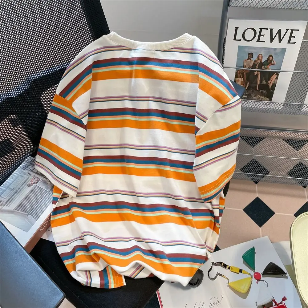 Large size striped short-sleeved 2024 new t-shirt loose Hong Kong style top women's design niche high-end summer slimming tops