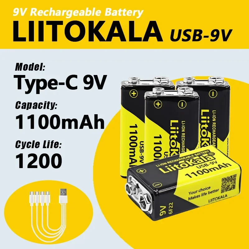 LiitoKala USB-9V 6F22 9V Li-ion Lithium Battery for Multimeter Microphone Toy Remote Control KTV+4-in-1 Type-C charging cable