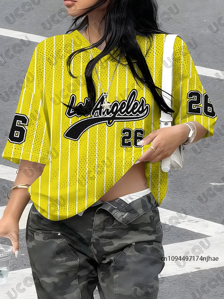 Sommerliches neues Los Angeles Nr. 26 Print-T-Shirt für Damen, V-Ausschnitt, Kurzarm, Sport-T-Shirt, Fußballtrikot, Y2K, locker geschnittenes Oversize-Oberteil – Detail 6