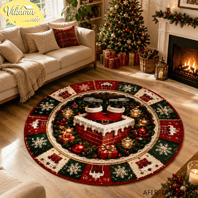 VIKAMA Christmas Panda Round Rug Quilted Print Round Non Slip Mat For Living Room Bedroom Kids Room Holiday Cute Animal Decor
