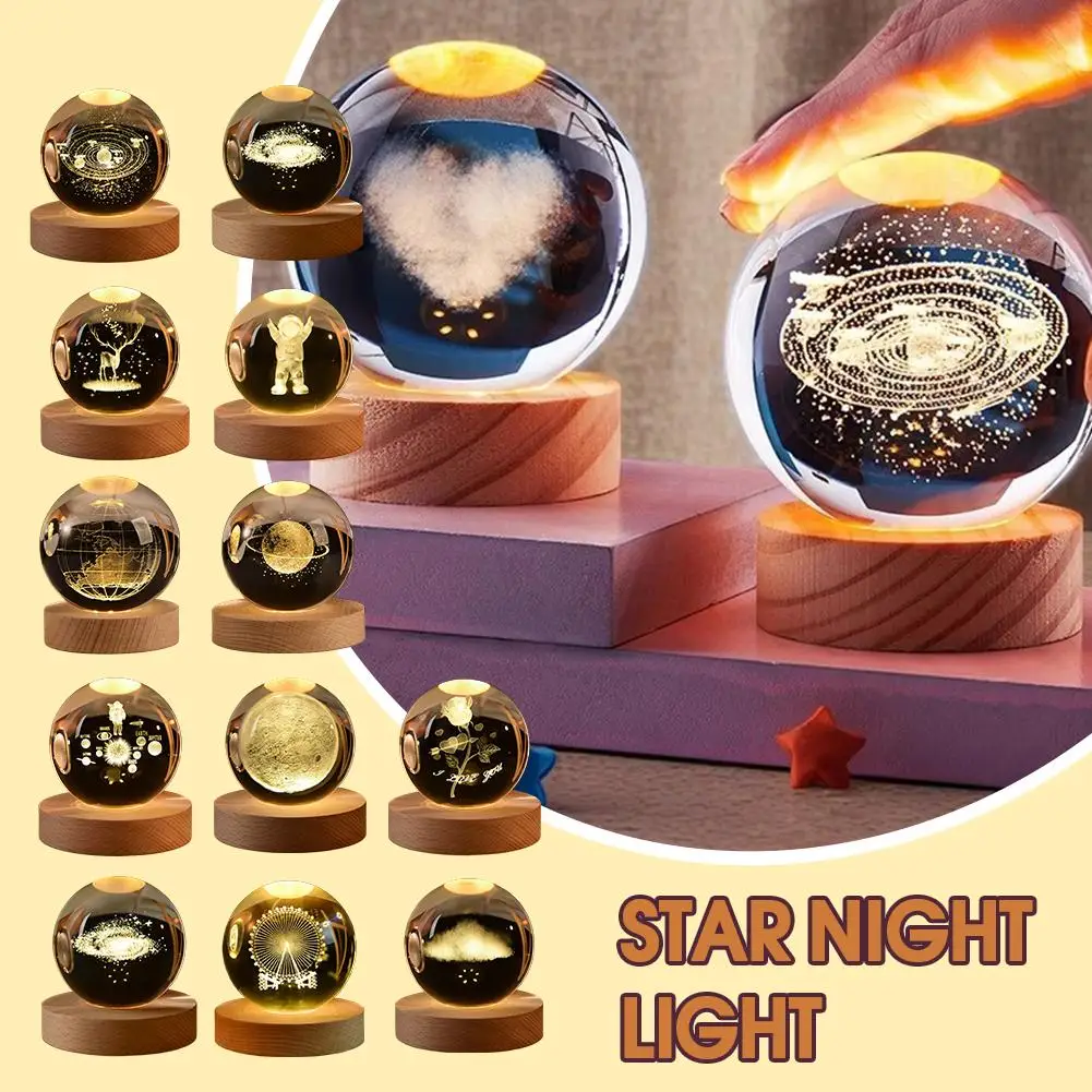 3D Crystal Ball Lamp With Galaxy And Planetary Projections USB Night Light For Crystal Ball Nightlight Luminous Wooden Base G2S1