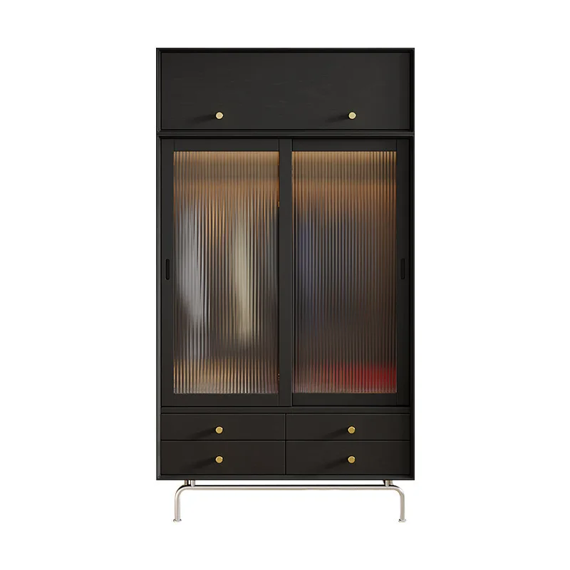 

Solid wood wardrobe, small apartment bedroom black wardrobe storage cabinet household sliding door locker